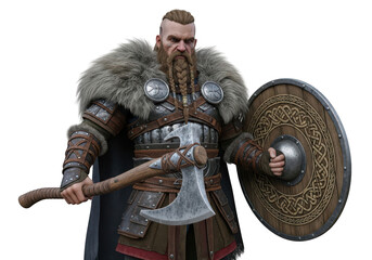 Fierce viking warrior with axe and shield, isolated on white background isolated on transparent background