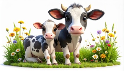 Black and white dairy cow and little calf in green meadow in countryside cartoon illustration