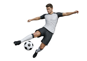 Athlete kicking soccer ball with powerful motion and athletic build isolated isolated on transparent background