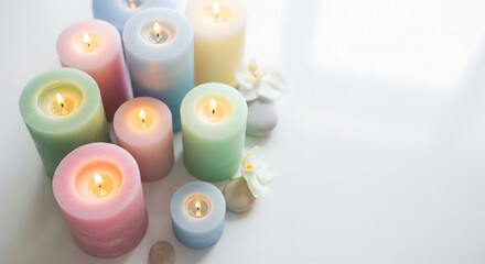 Candles are lit in a Christmas wreath for the second week of Advent. An Advent or Christmas background with space for text.