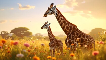 Obraz premium Tall wild giraffe in the grassland, brown mammal with long neck and spots, standing in the middle of nature illustration