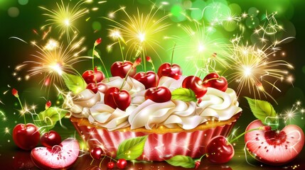Fototapeta premium Festive Cherry Topped Cake with Fireworks and Fruit Decorations Bright Colors Celebration