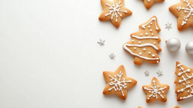 Christmas cookies in star and tree shapes on white background