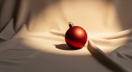 Red Christmas bauble on a wooden oak background.