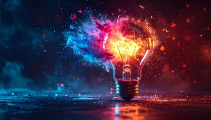 The glowing symbol of innovation, the brightly lit glass bulb, represents the powerful concept of creative energy and technology