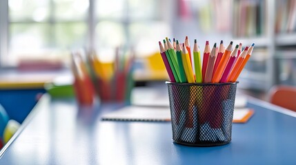 Colorful pencils in a metal holder on a blue table in a classroom