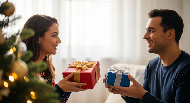 Happy young couple giving Christmas gifts to each other, couple unwrapping Christmas presents, smiling man and woman at home for Christmas holidays, couple exchanging Christmas presents.