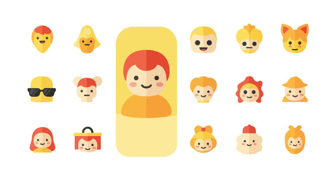 A collection of diverse, cute, flat-design cartoon avatars and faces with various expressions and features on a white background.