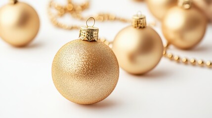 Close up view of golden Christmas ornaments on a white surface