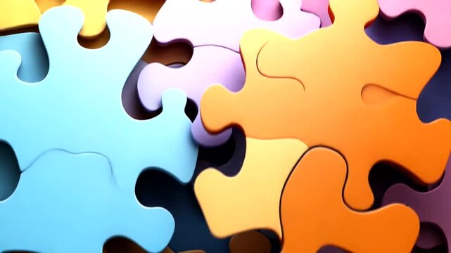 Colorful interlocking puzzle pieces scattered on a surface