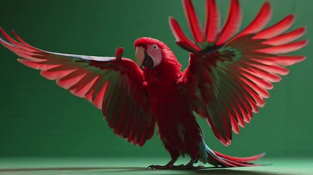 Vibrant red macaw with spread wings against a green background