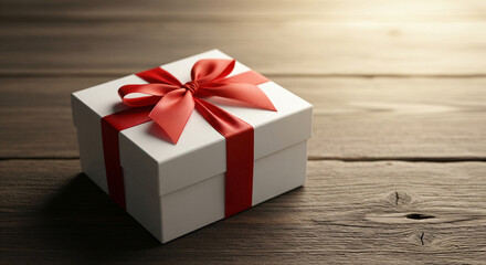A beautifully wrapped white gift box with a red ribbon sits on a wooden table. Soft, blurred Christmas lights create a festive background.