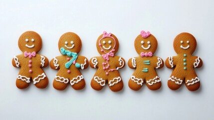 Decorated Gingerbread Figures Arranged Against a White Background