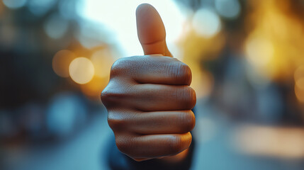 A close-up of a hand giving a thumbs-up gesture, symbolizing positivity and approval in an outdoor setting.