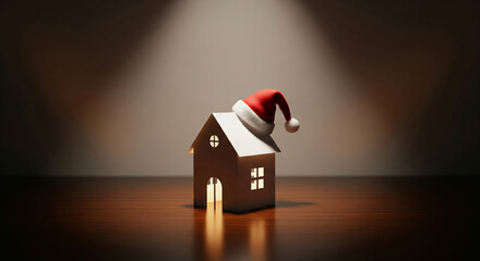 Wooden house with Santa hat on brown wooden table. Christmas. Real estate agent, broker or agent. Construction. Holiday decoration. Seasonal sale. Mortgage. Home loan.