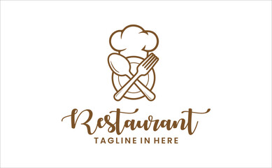 Restaurant logo vector with chef hat plate spoon and fork in elegant line style suitable for culinary branding food business identity and menu design