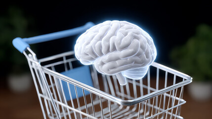 A conceptual image of a shopping cart containing a glowing brain, symbolizing innovative ideas and consumer decisions in psychology.