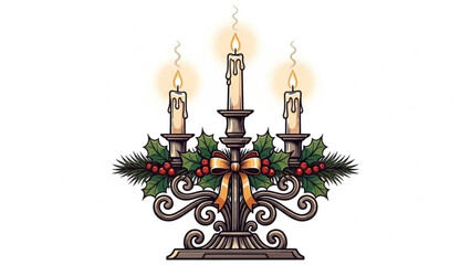 Elegant candelabra with three lit candles adorned with festive holly berries and pine sprigs tied with a golden bow