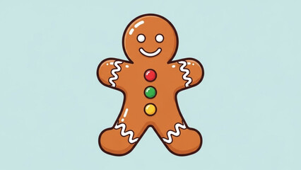 A cheerful cartoon gingerbread man with white icing trim and colorful candy buttons stands against a light blue background ready for the holidays