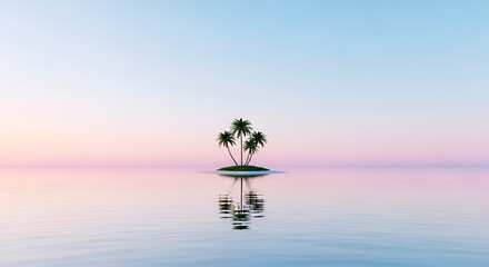 Minimalist digital artwork depicting a serene tropical scene. The layout features a small, isolated island with three palm trees, centered in the composition. The island is surrounded by calm, reflect