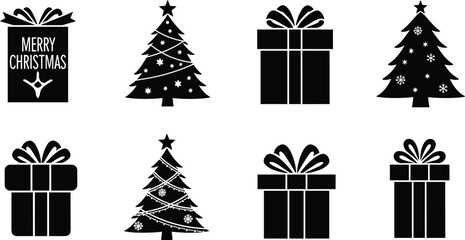 Christmas silhouette clipart, festive gift boxes, decorated trees, Merry Christmas text, holiday vector design, black graphic elements, seasonal icons