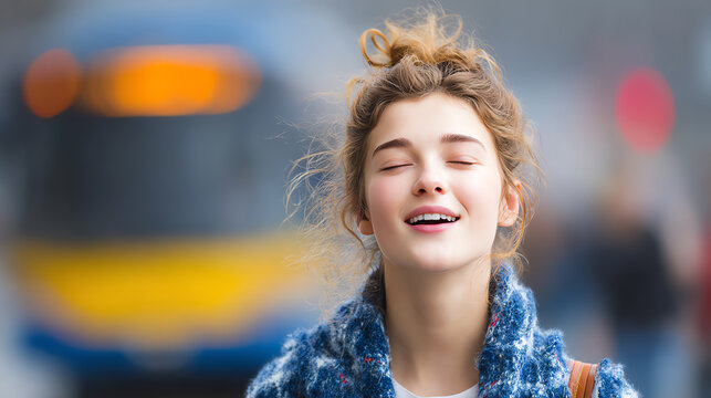 A joyful young woman enjoys a moment of bliss, surrounded by the hustle of urban life, embodying carefree happiness and serenity.