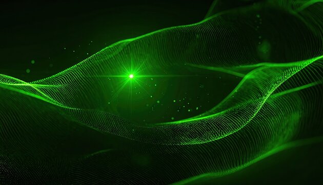 Abstract Digital Wave of Glowing Green Particles with Central Bright Light and Lens Flare.