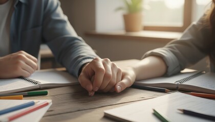 Two people gently hold hands while studying together, sharing a quiet moment of support and connection