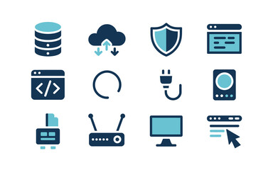 Modern flat design technology icon set featuring data, cloud, security, web development, networking, and digital services.