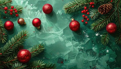 Festive Christmas Ornaments and Pine Branches on Textured Green Background.