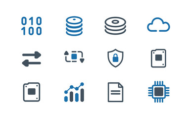Digital technology, data management, and cybersecurity vector icons set illustrating cloud, security, processing, and analysis.