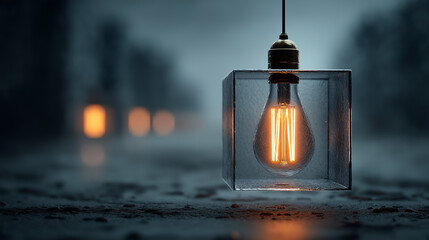 Glowing neon bulb suspended inside transparent glass sphere light technology concept modern design futuristic style generated AI