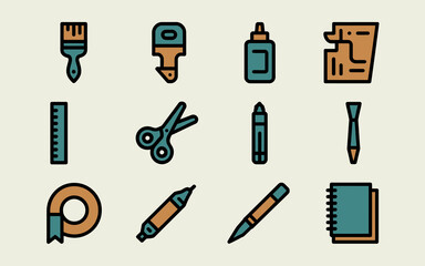 Colorful flat design icon set featuring a diverse collection of craft tools, stationery, and art supplies for creative projects.