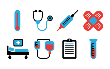 Essential medical and healthcare icons for diagnostics, treatment, and patient care. clean flat design vector visuals.