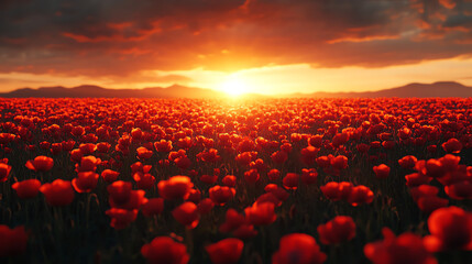 Fototapeta premium A stunning field of vibrant red flowers under a majestic sunset, showcasing nature's beauty and tranquility.