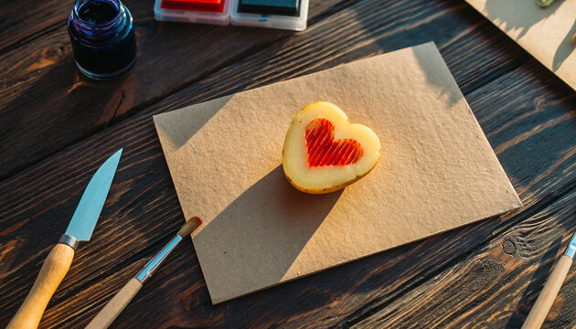 Potato heart stamp eco card vegetable dye ink kids DIY craft creative handmade project natural material rustic wood table cheerful activity