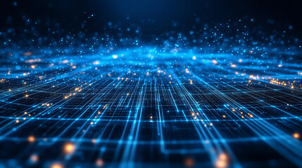 Digital background with bright blue energy lines, particles, and network connections, symbolizing futuristic technology, data circuits, neon microcircuit grids, and high-tech digital innovation in a m