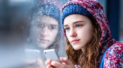 A thoughtful young woman with curly hair gazes out a rain-covered window while using her smartphone, reflecting a moment of contemplation.