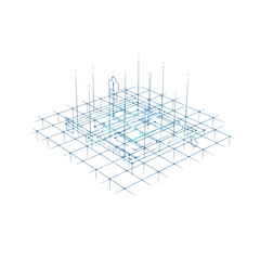 Modern blue line grid for technology solutions, abstract networking concept connecting data points to form a digital landscape, innovation blueprint