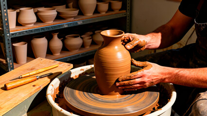 Pottery wheel clay art craft handmade ceramics artist studio workshop shaping sculpting forming creating design skill traditional artisan earthenware vessel artwork creativity texture