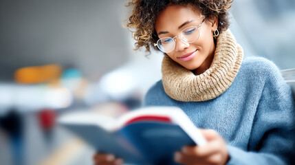 A woman enjoying a serene moment while reading a book in a cozy, stylish outfit. Perfect for promoting relaxation and leisure.