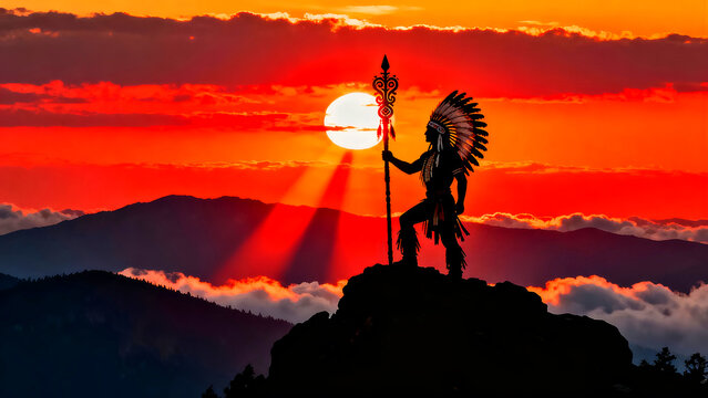 Native american indian chief silhouette sunset mountains tribal culture heritage tradition warrior headdress feathers spear leader pride strength power nature landscape travel tourism
