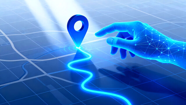 Navigation map location destination route travel gps direction technology pointer position journey guide digital hand connection network future innovation planning strategy blue