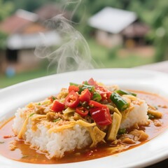 4k high quality Ai generative HD photo realistic menu selling food breakfast lunch dinner Indonesia chicken kare lodeh sayur gule soto coto kari curry nasi kuning uduk campur village view