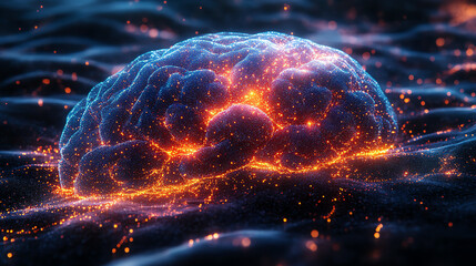 An abstract visualization of a brain, illuminated with vibrant colors, representing creativity and intelligence in a digital landscape.