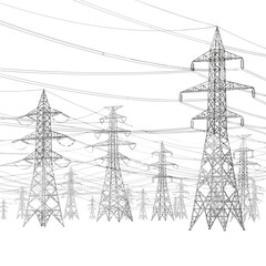 Modern power transmission lines, electrical grid infrastructure, energy distribution network with high voltage pylons, originally a scalable vector graphic