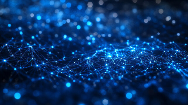 Digital background with bright blue energy lines, particles, and network connections, symbolizing futuristic technology, data circuits, neon microcircuit grids, and high-tech digital innovation in a m