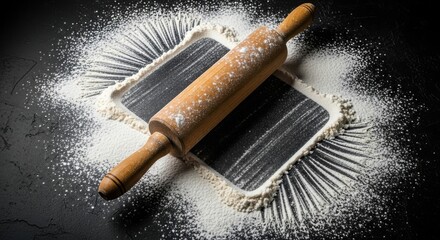 Wooden rolling pin on flour dusting dark surface