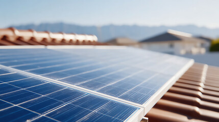 Close-up of solar panels installed on a rooftop, showcasing modern renewable energy technology against a clear sky.