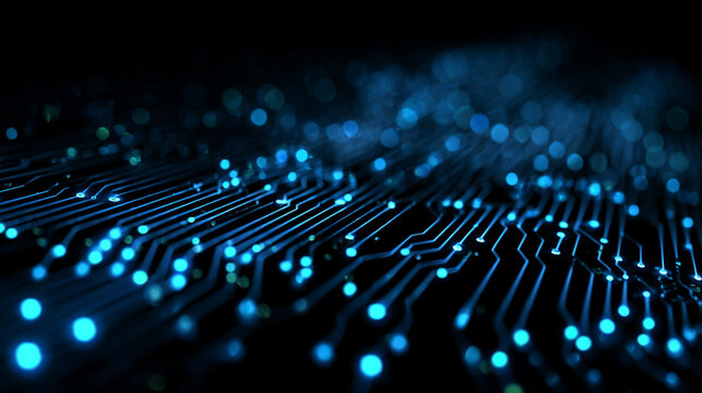 Digital background with bright blue energy lines, particles, and network connections, symbolizing futuristic technology, data circuits, neon microcircuit grids, and high-tech digital innovation in a m